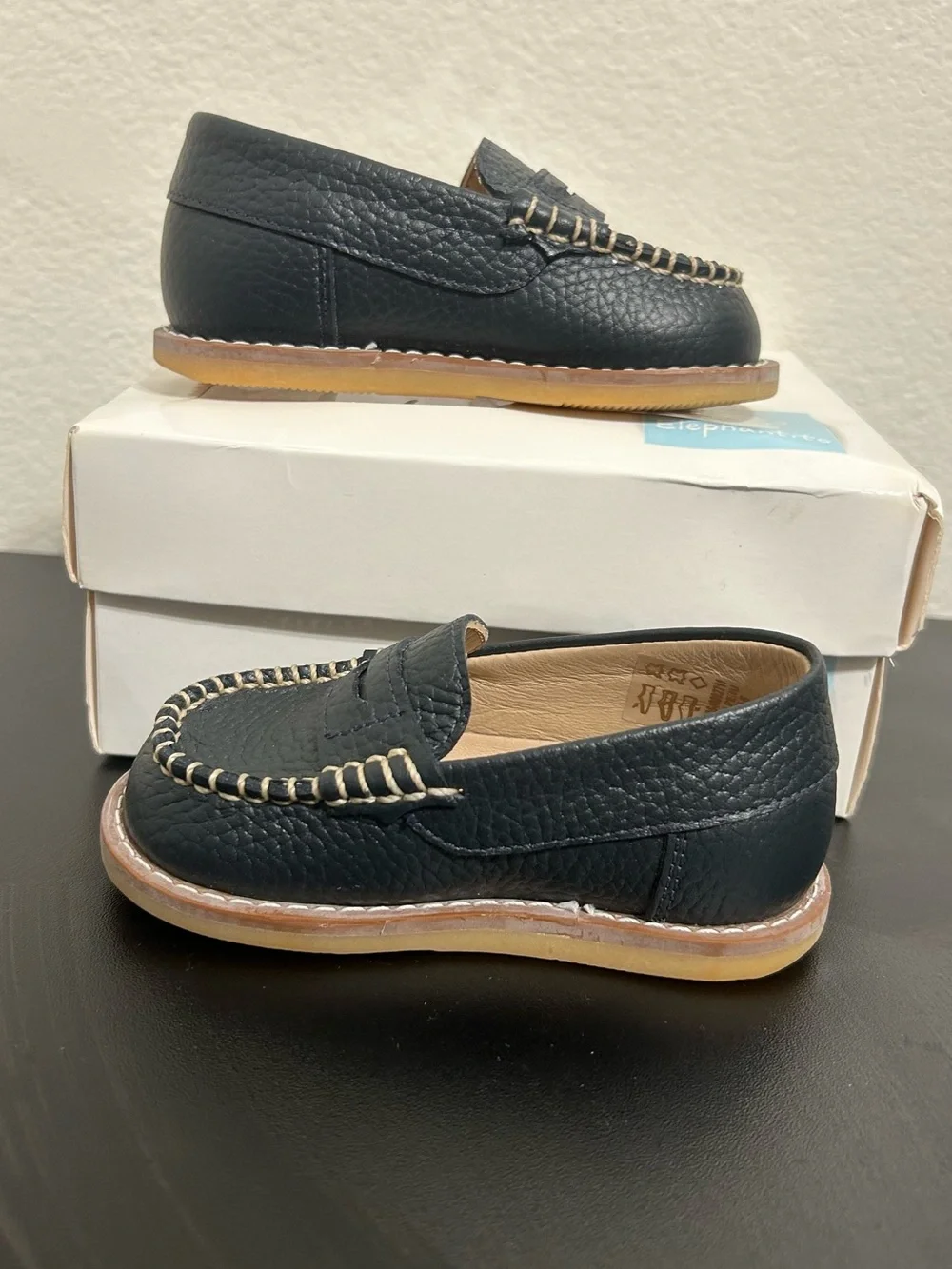 Elephantito Penny Loafers Navy Leather Boys Toddler Size 6 Slip On Dress Shoes